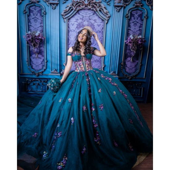 Teal Color Ball Gowns Quinceanera Dresses for Girls Off Shoulder Appliques Vestidos De 15 Anos